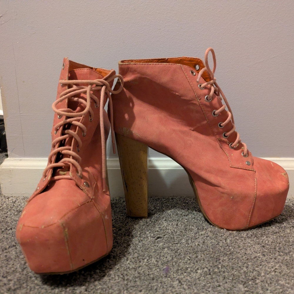 Women's Coral Lace-Up Platform Ankle Boots with Wooden Block Heel
